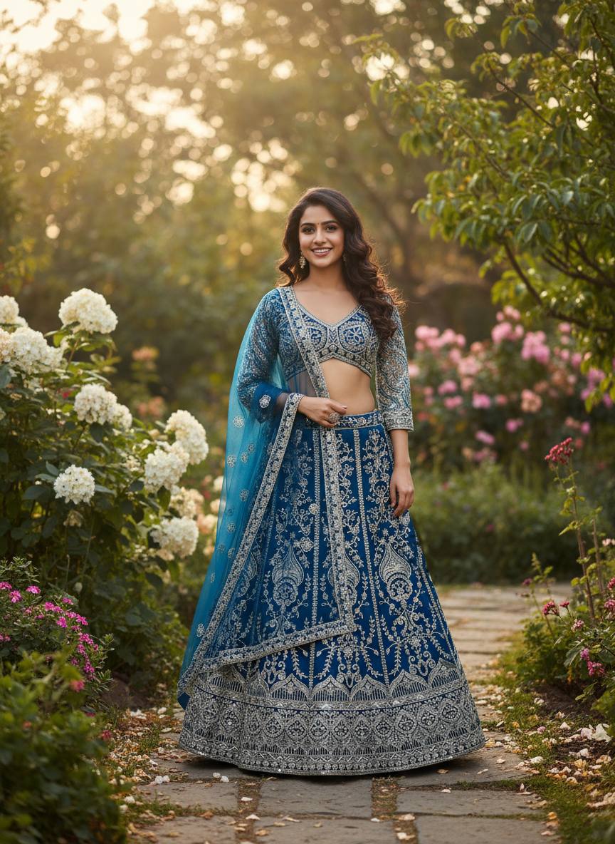 Teal Blue & Pink Embroidered with Sequins and  Codding Work