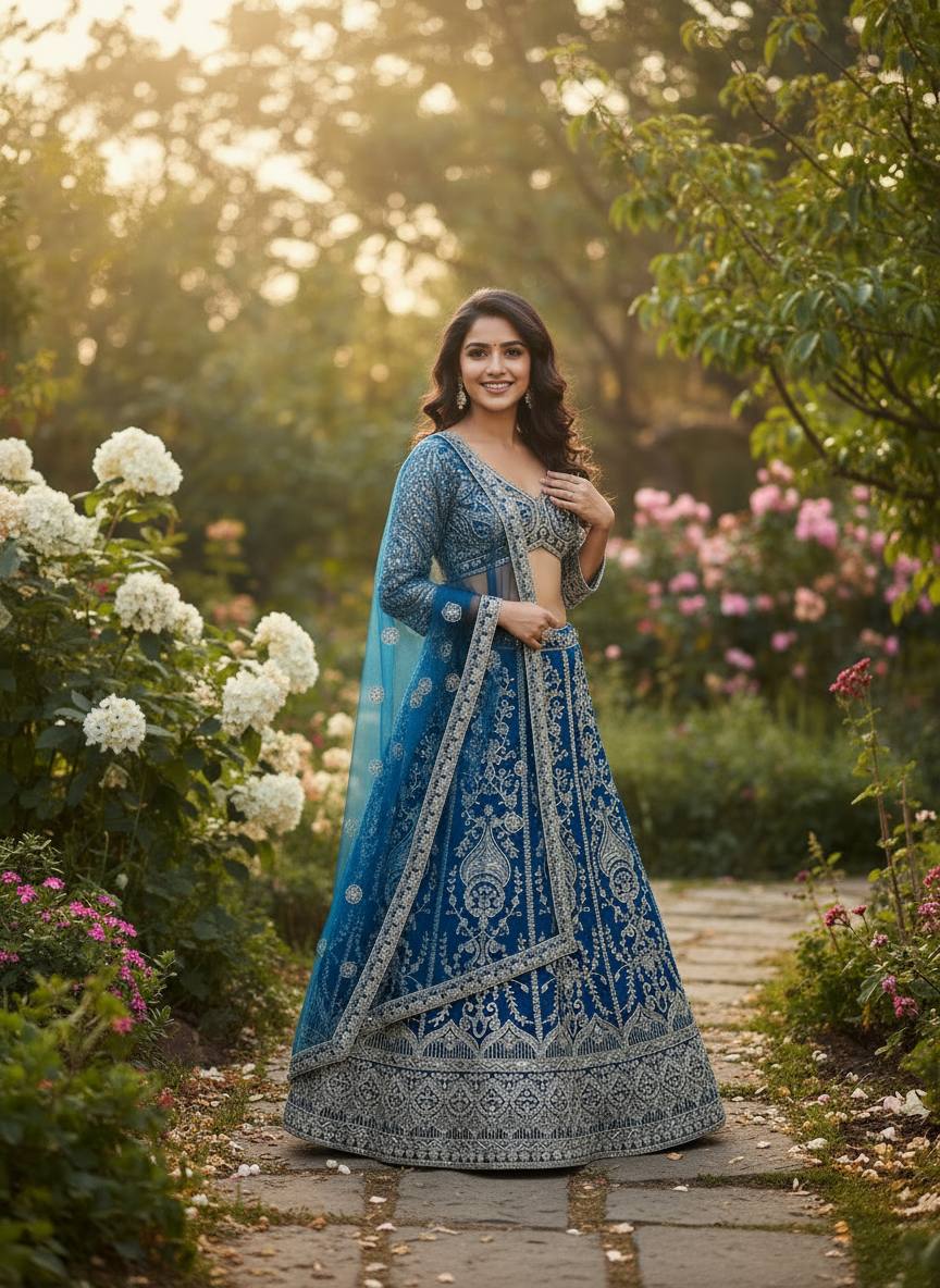 Teal Blue & Pink Embroidered with Sequins and  Codding Work