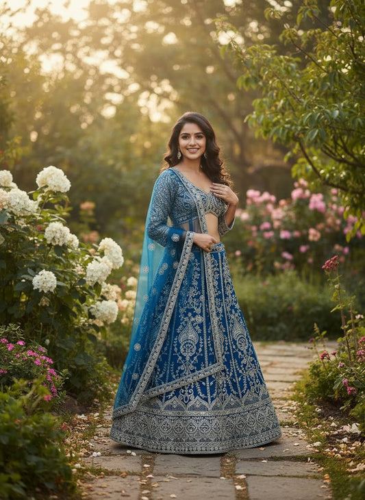 Teal Blue & Pink Embroidered with Sequins and  Codding Work