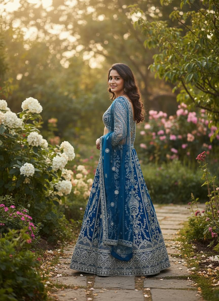 Teal Blue & Pink Embroidered with Sequins and  Codding Work