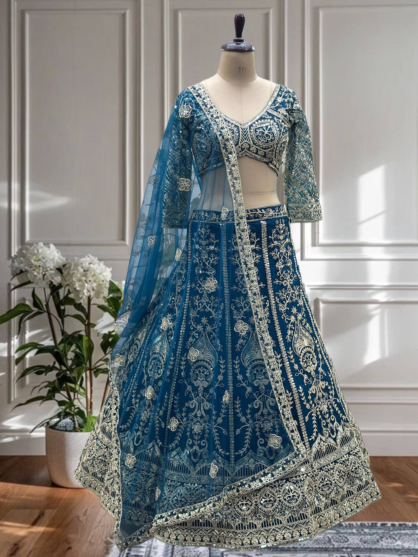 Teal Blue & Pink Embroidered with Sequins and  Codding Work