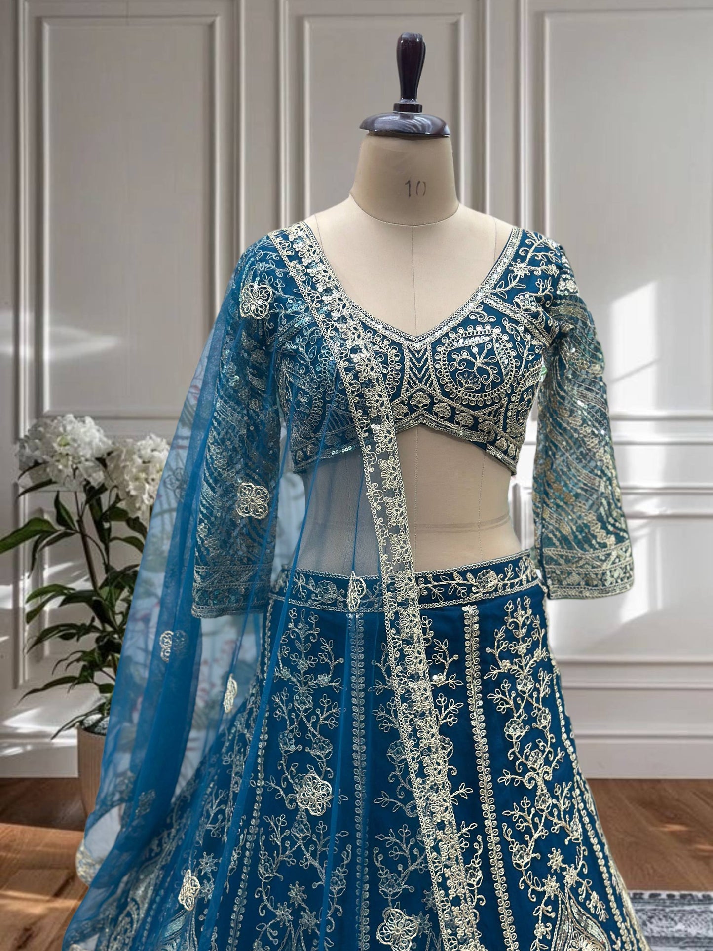 Teal Blue & Pink Embroidered with Sequins and  Codding Work