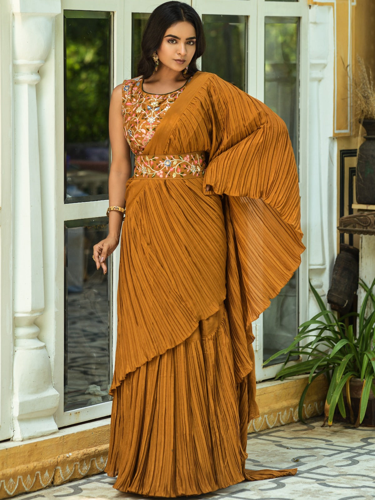 Chinnon Fabric With Half Half Crush Pleated Musturd Colour Party Wear Saree