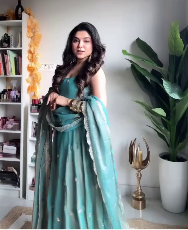 Fully Stitched Fandy Silk Gown With Pant Dupatta Set
