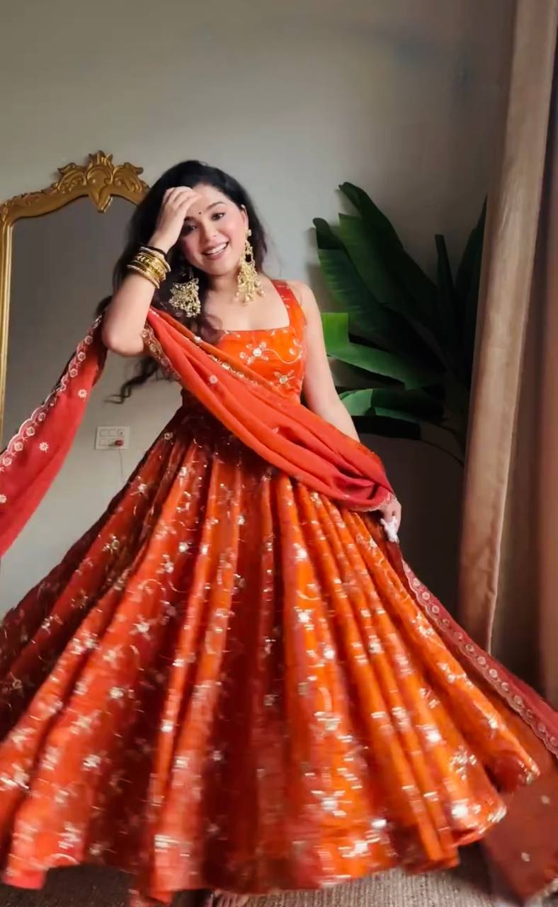 Burnt Orange Golden Thread With Sequnce Work Anarkali Dress