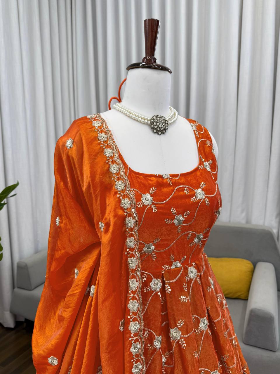 Burnt Orange Golden Thread With Sequnce Work Anarkali Dress