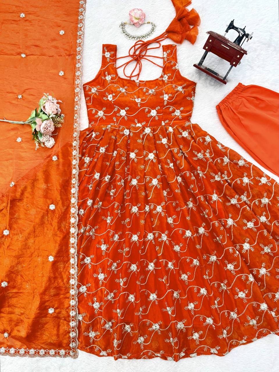 Burnt Orange Golden Thread With Sequnce Work Anarkali Dress
