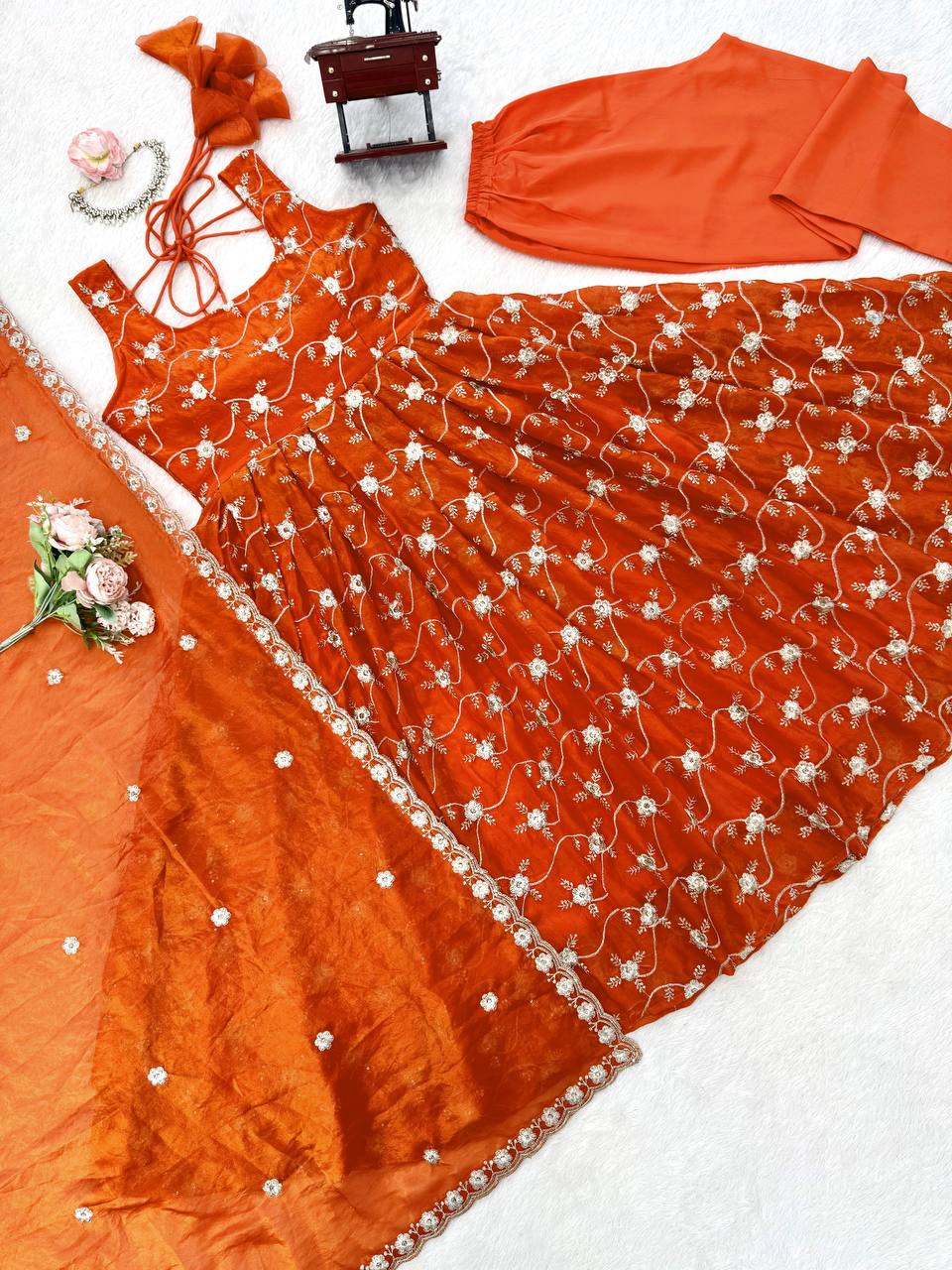Burnt Orange Golden Thread With Sequnce Work Anarkali Dress