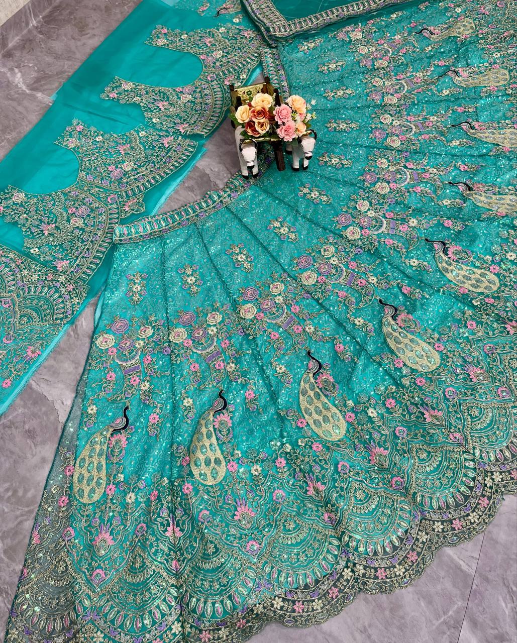 Peacock Design Light Sky Color Soft Net Coding Embroidered Work  Lehenga Choli