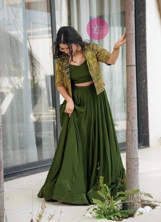 Mehndi Green Fully Stitched Koti Style Lehenga Choli For Any Occasions