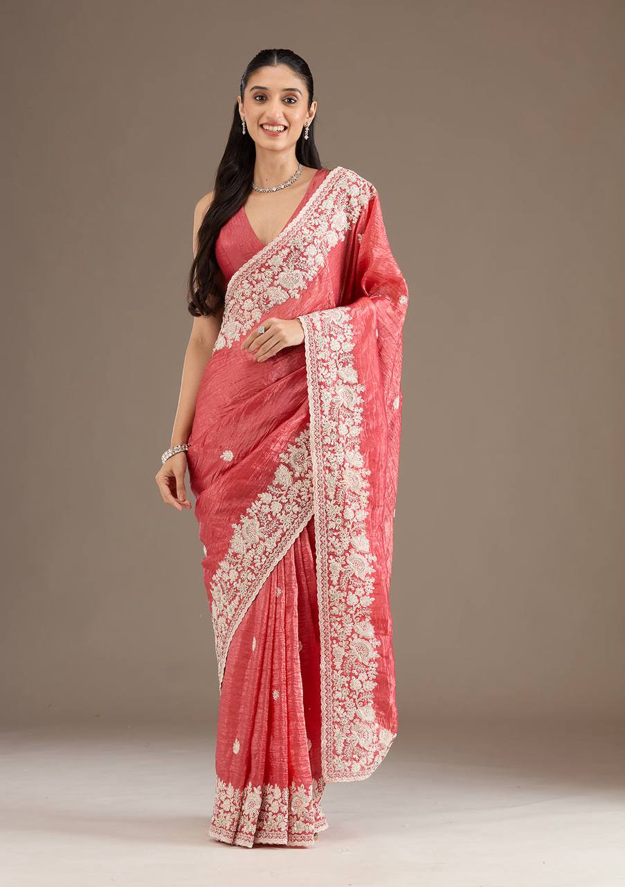 Peach Gold Crush Silk Embroidered Coding Saree Blouse