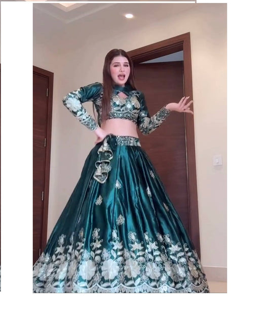 Wedding Wear Rama Colour Silk Thread Work Lehenga Choli