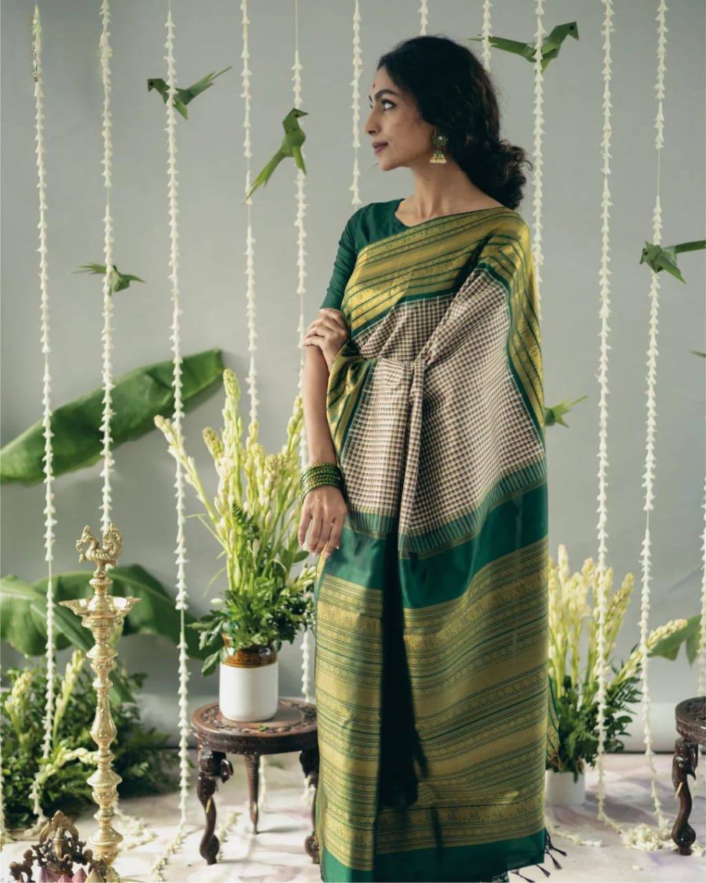 Green Checks Designer Soft Lichi Silk  Saree