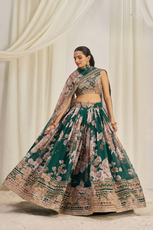 Green Print & Embroidered Organza Silk Lehenga Choli