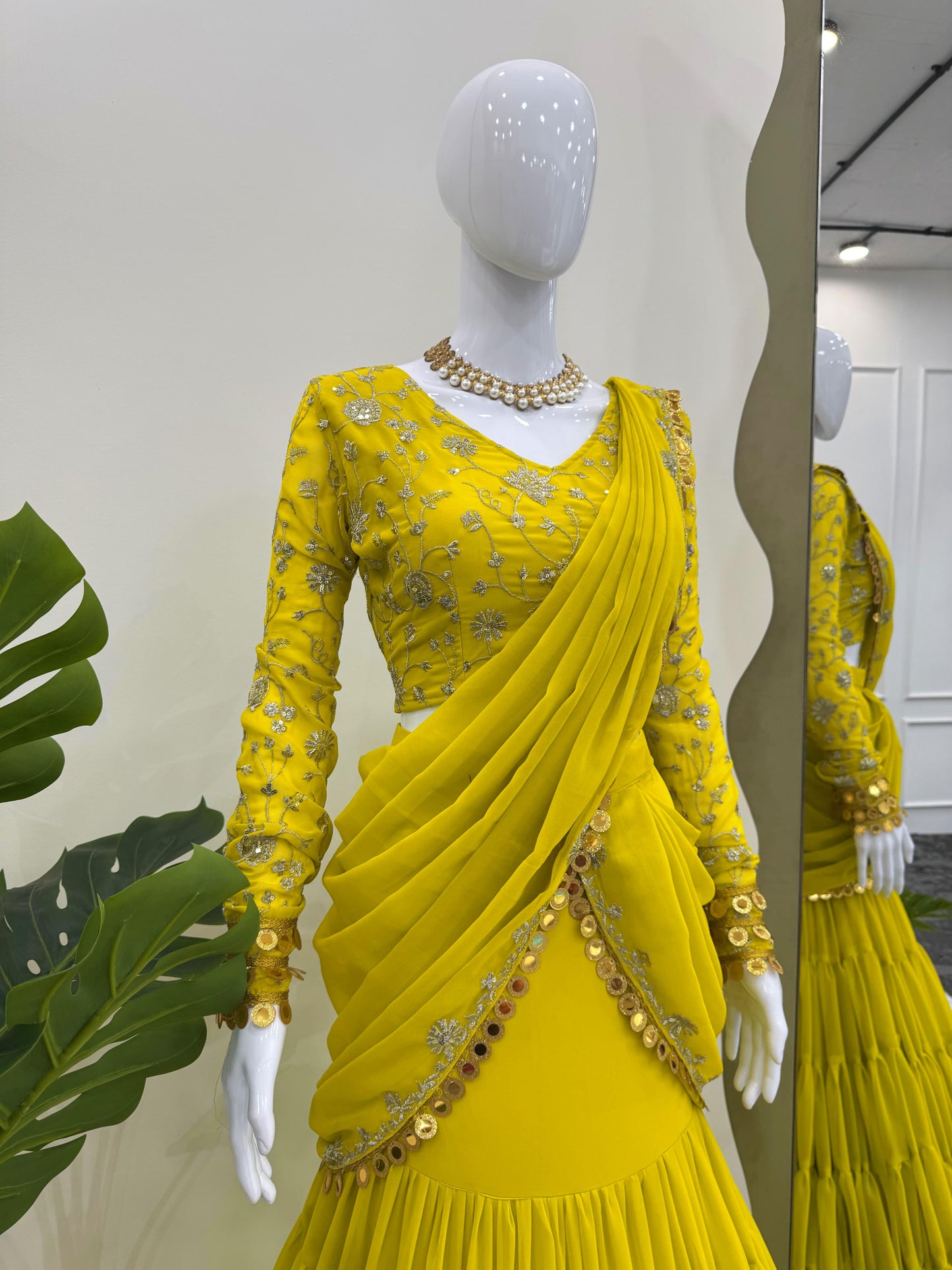 P.Green Georgette Stitched Lehenga Saree