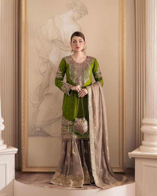Parrot Green Georgette Full Stiched Sharara Suit