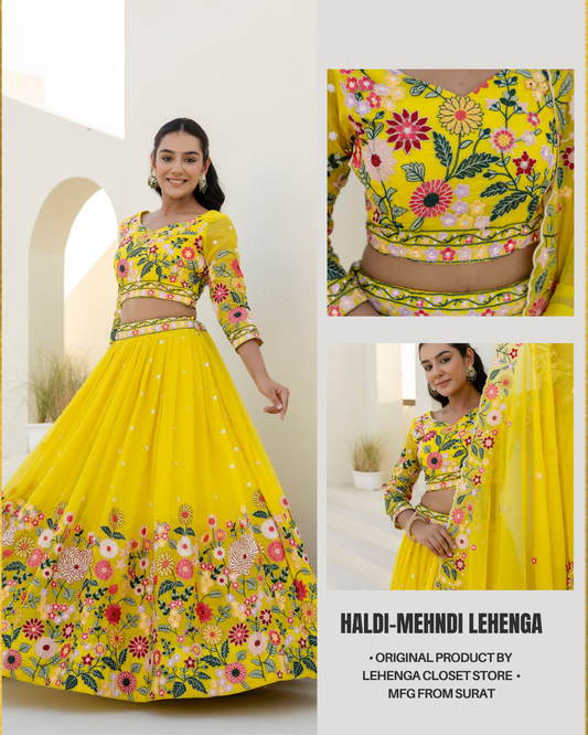 Yellow Colour Organza Silk Floral Thread Work Lehenga Choli