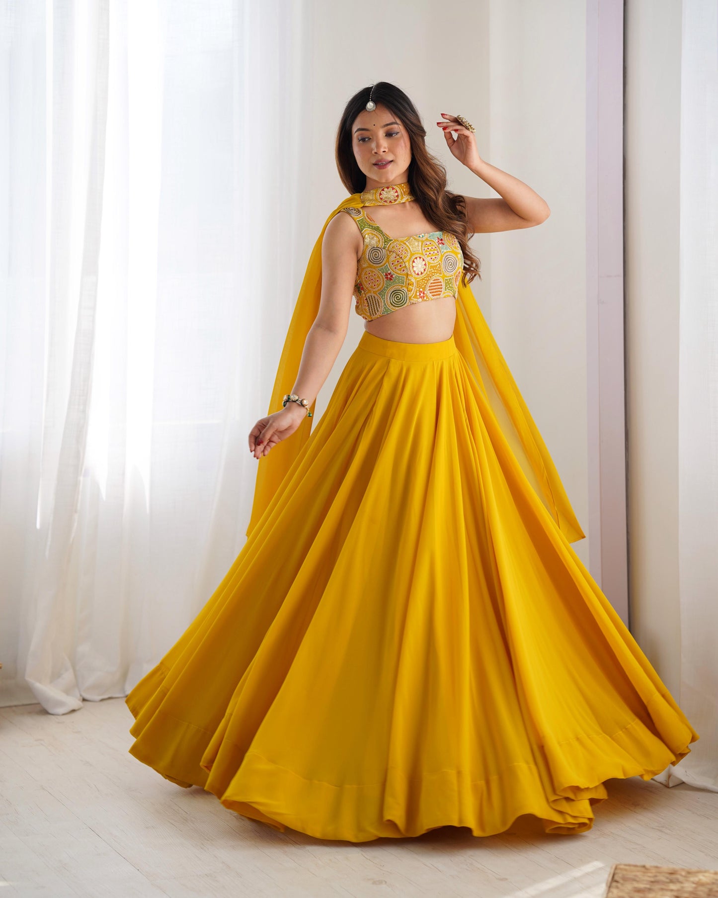 Yellow Color Ready to Wear Pure Georgette Lehenga Choli With 8.0 Mtr Flair
