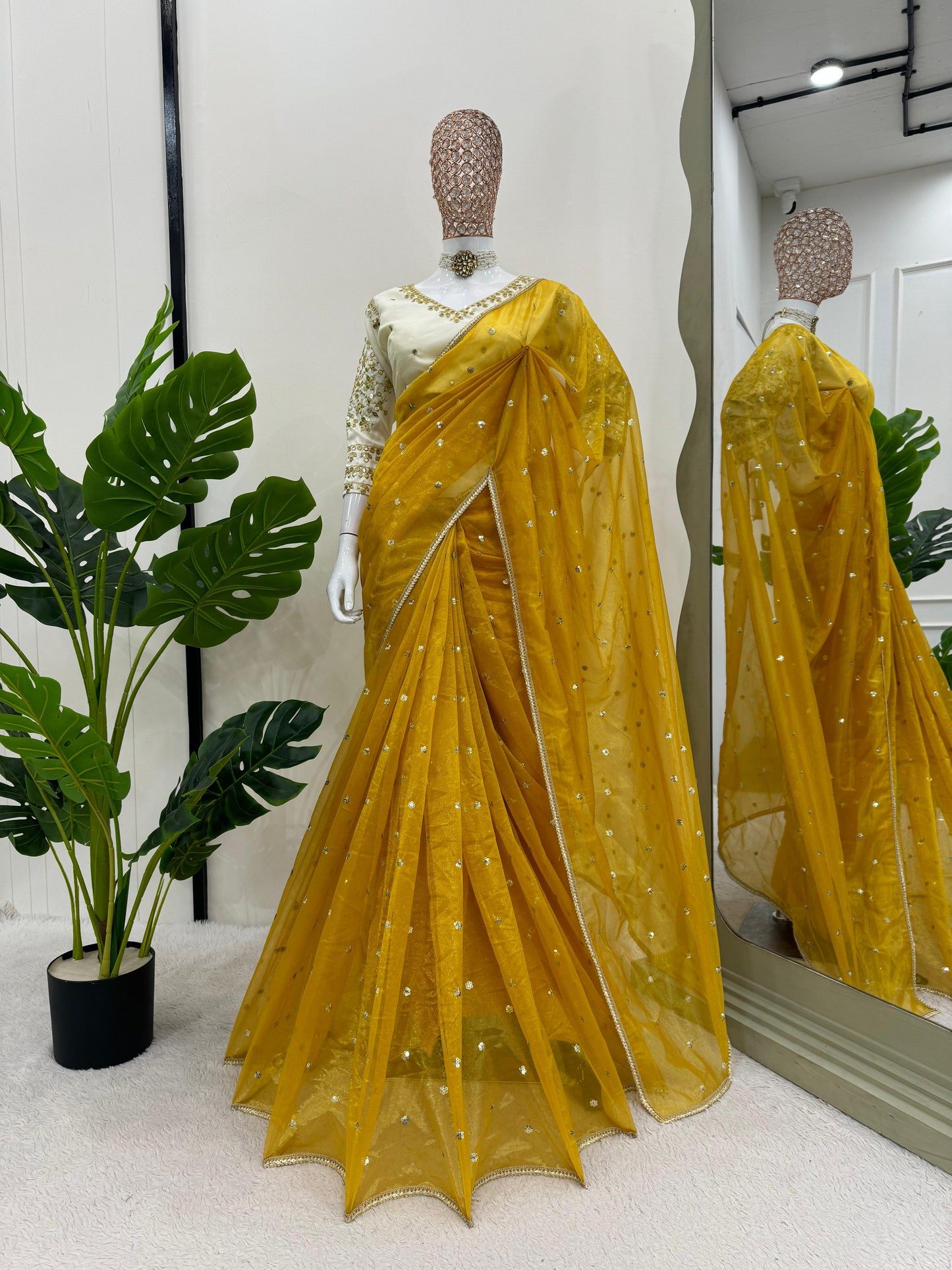 Haldi Wear Twill Net Saree With Stitched Heavy Thread Sequence Work Blouse
