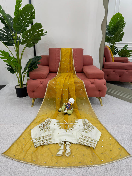 Haldi Wear Twill Net Saree With Stitched Heavy Thread Sequence Work Blouse