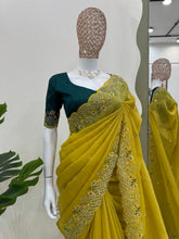 Load image into Gallery viewer, Mehndi Sangeet Function Wear Lime Yellow Silk Border Work Saree
