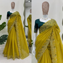 Load image into Gallery viewer, Mehndi Sangeet Function Wear Lime Yellow Silk Border Work Saree
