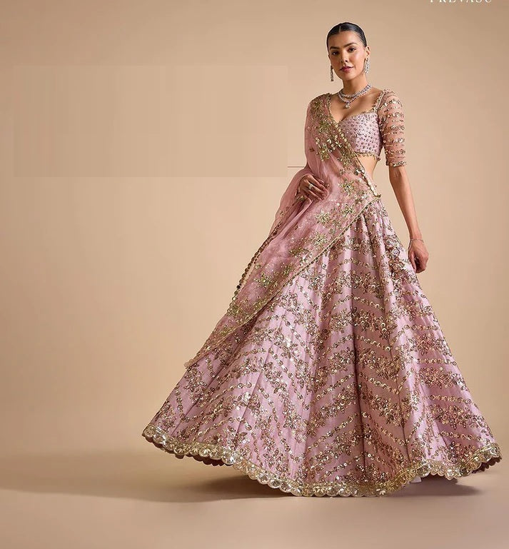 Beautiful Pink Colour Chinon Silk Fabric Multi Thread And Heavy Sequins Lehenga Choli