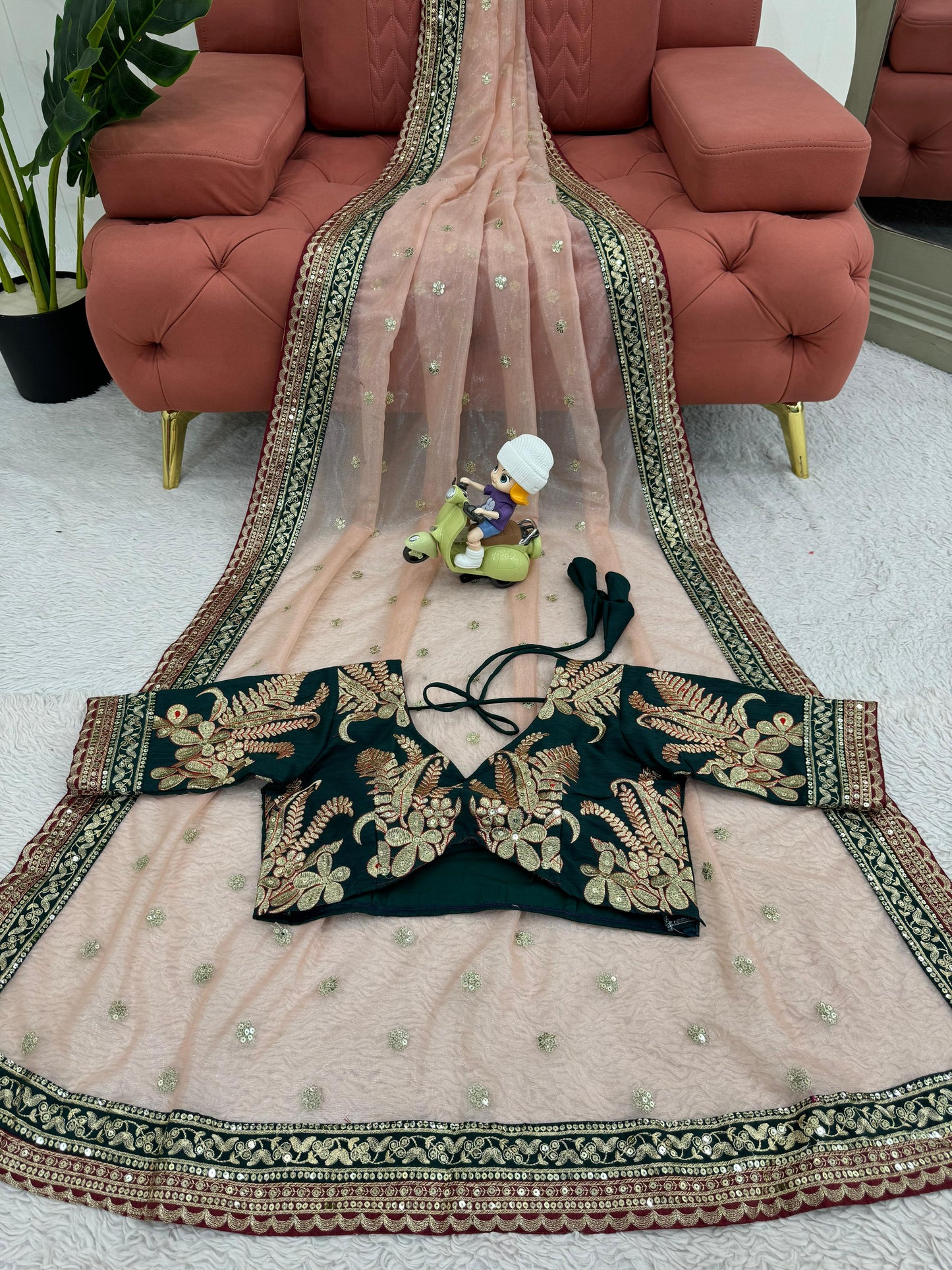 Function Wear Peach Twill Net Saree With Heavy Blouse Work