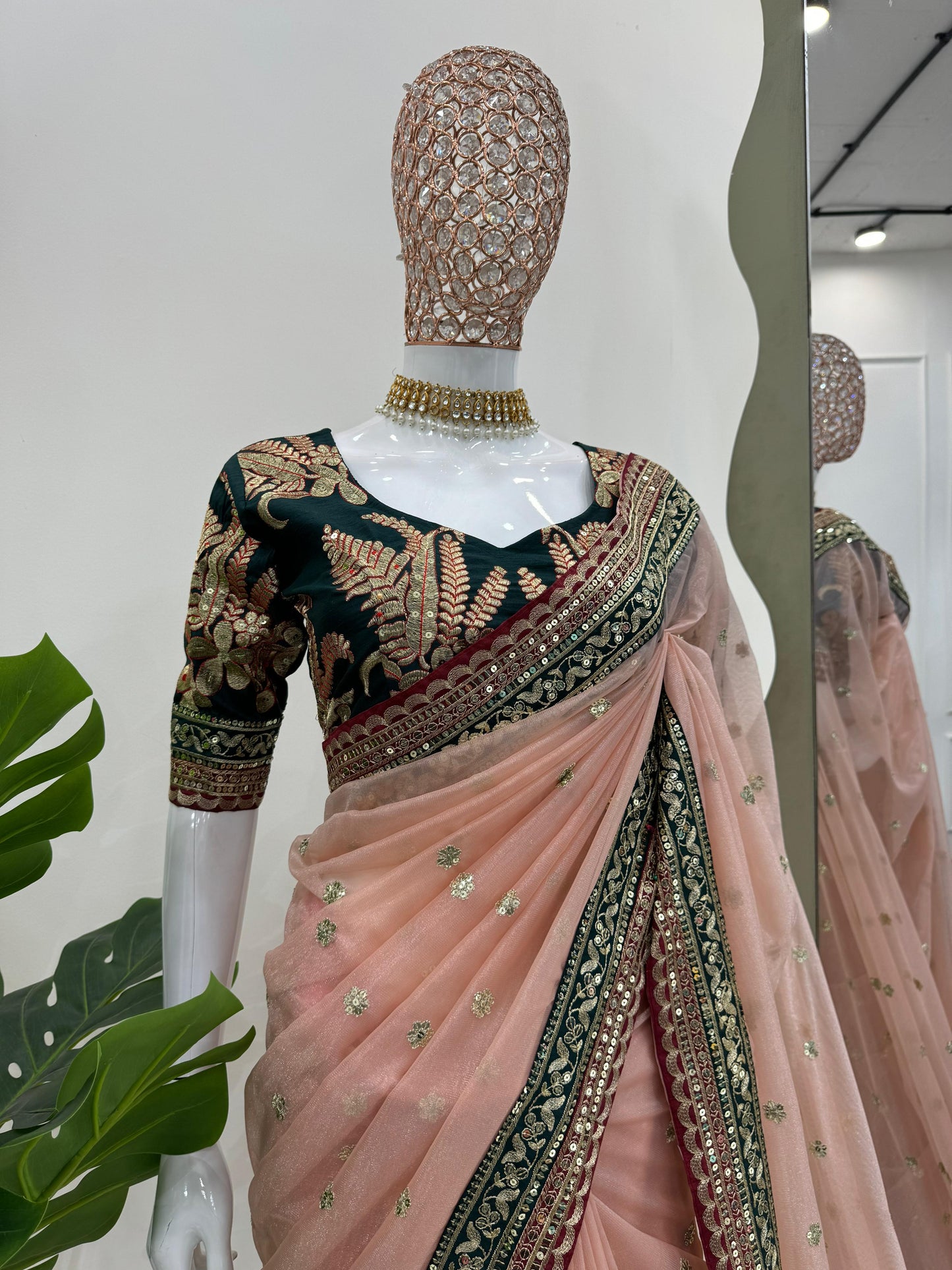 Function Wear Peach Twill Net Saree With Heavy Blouse Work