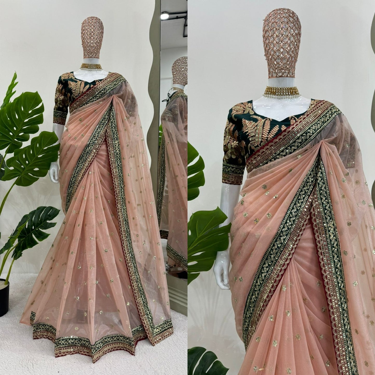 Function Wear Peach Twill Net Saree With Heavy Blouse Work