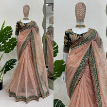 Load image into Gallery viewer, Function Wear Peach Twill Net Saree With Heavy Blouse Work
