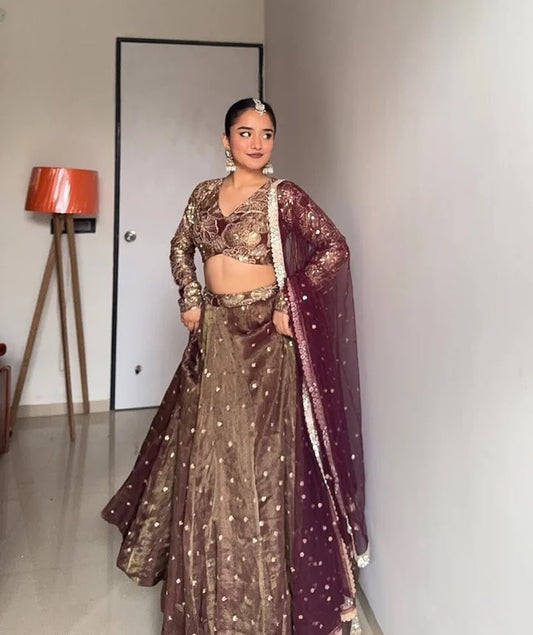 Chocalaty Jimmy Chu Silk Lehenga With Maroon Dupatta