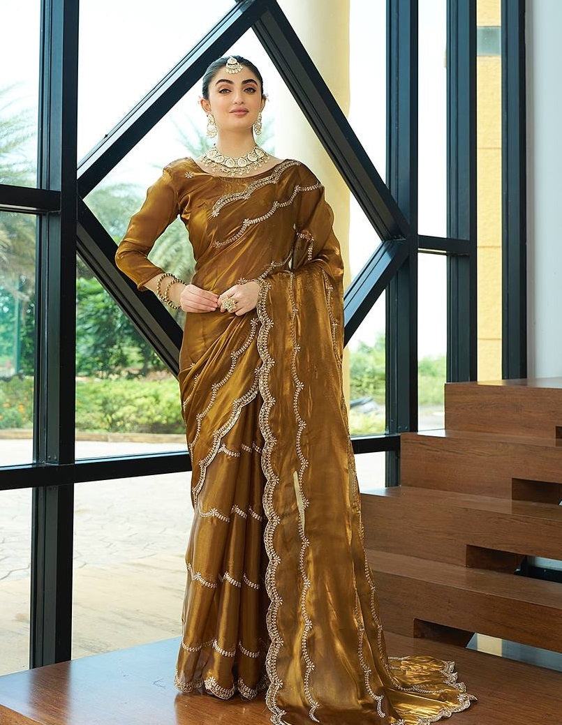 Rust Colour Jimmy Chhu Silk Fabric Heavy Embroidery Zari Work Saree