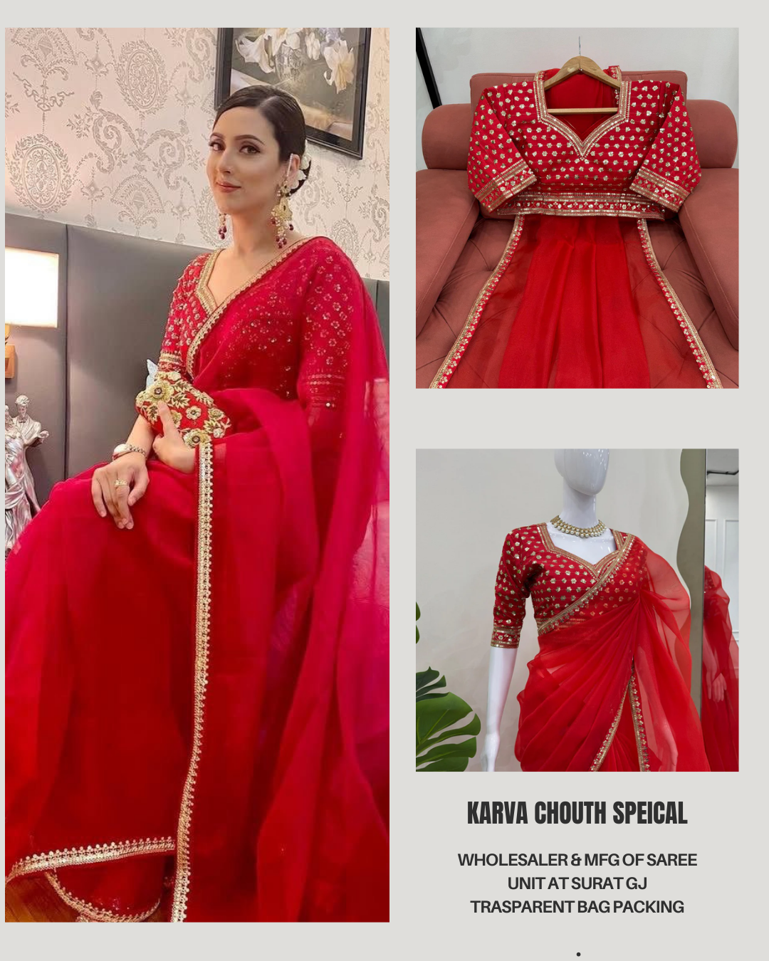 Red Organza Silk Embroidary Sequence Work Fastiwal Wear Saree
