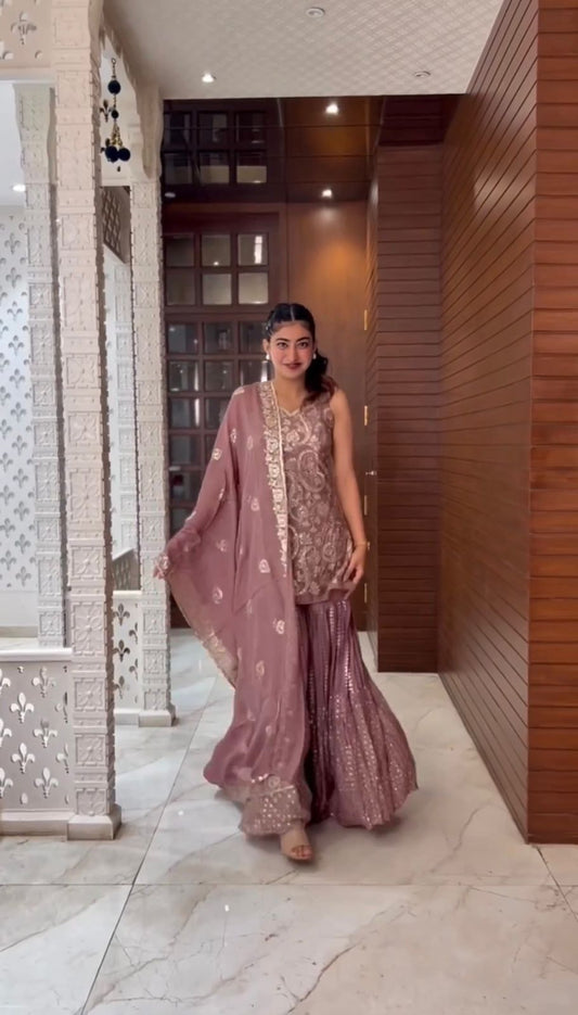 Designer Sequence Work Georgette Party Wear Sharara Suit With Duppata