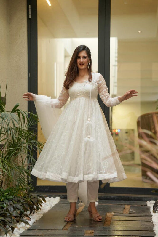Organza Silk Sequence Work Stiched Anarkali Suit With Pent And Organza Dupatta