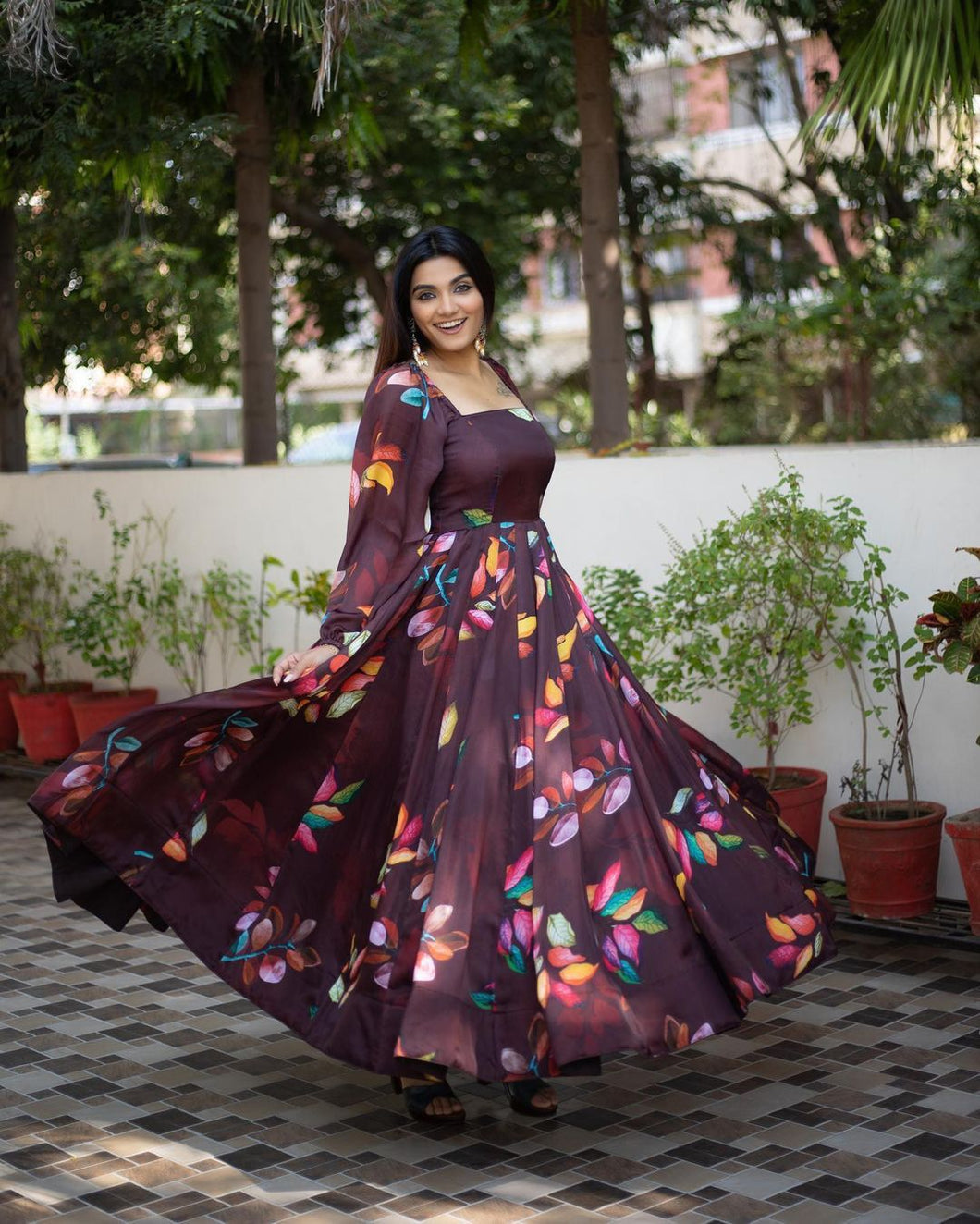 Digital Printed Full Stiched Beautiful Gown With Baloon Sleev