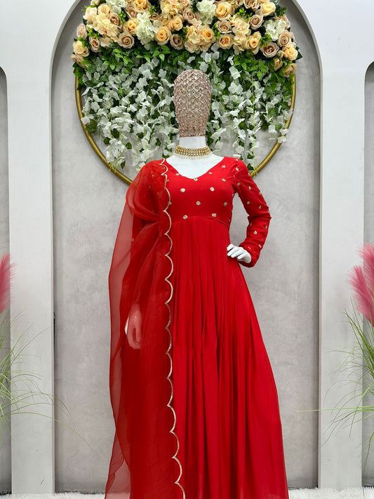 Heavy Rayon Febric With Inner And Sequnce Work And Dupatta On Organza Silk Febric Anarkali Suit