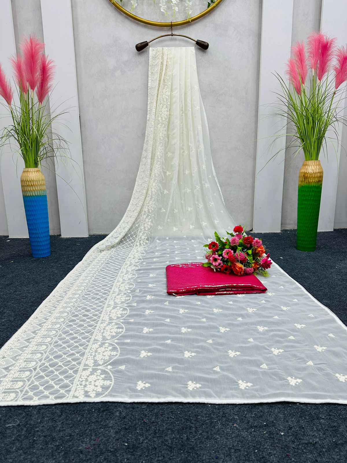 Georgette Heavy Sequence Work Off White Wedding Wear Saree With Beautiful Blouse