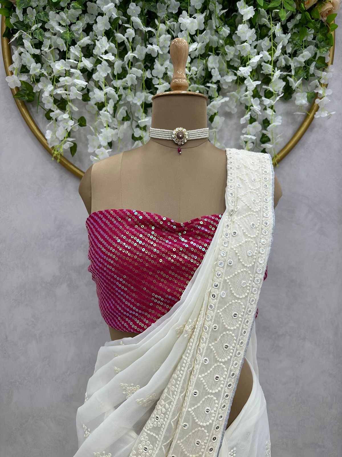 Georgette Heavy Sequence Work Off White Wedding Wear Saree With Beautiful Blouse
