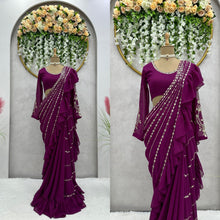 Load image into Gallery viewer, New Ready To Wear Wine Colour Sequence Work Glemorus Georgette Ruffle Saree
