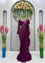 Load image into Gallery viewer, New Ready To Wear Wine Colour Sequence Work Glemorus Georgette Ruffle Saree
