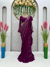 Load image into Gallery viewer, New Ready To Wear Wine Colour Sequence Work Glemorus Georgette Ruffle Saree
