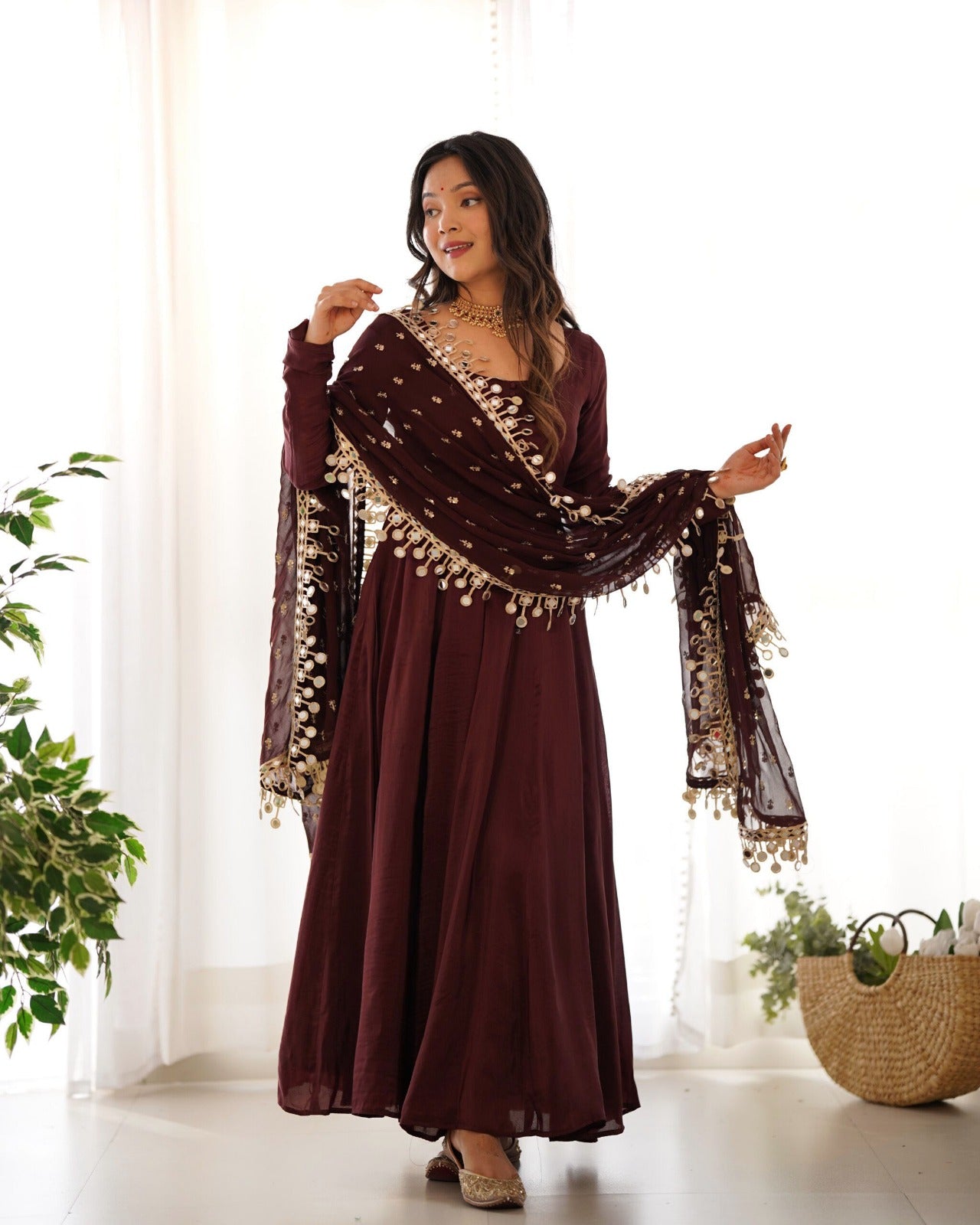 Coffee Brown Roman Silk Ready to Wear Kurta Set
