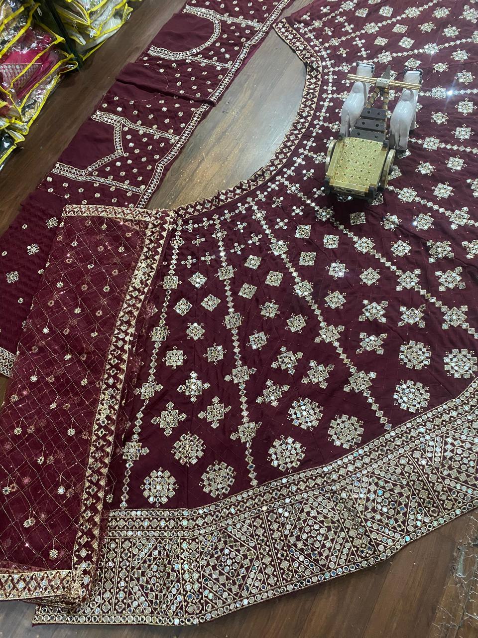 Real Mirror Work Maroon Georgette Lehenga Choli