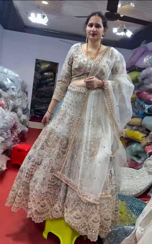 White Color Soft Net Coding Work Lehenga Choli