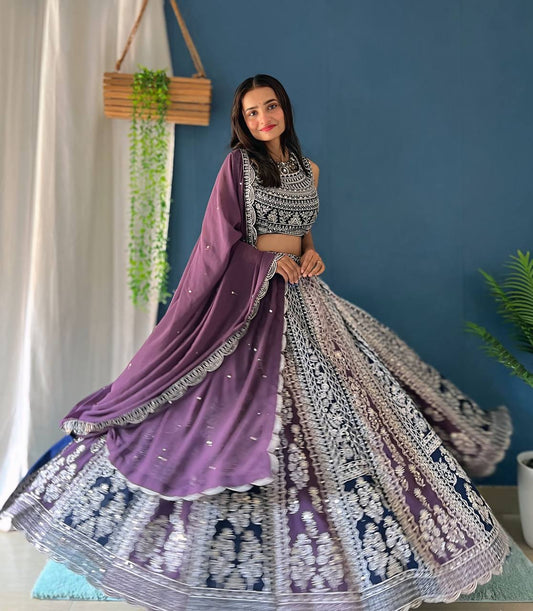Purple Blue Georgette Sequence Embroidered Lehenga Choli
