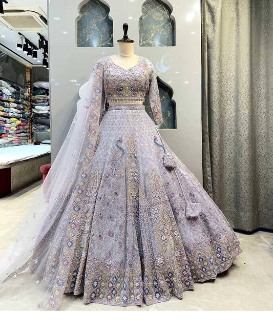 Light Purple Soft Net  Embroidered Sequins Work Lehenga Choli With Dupatta