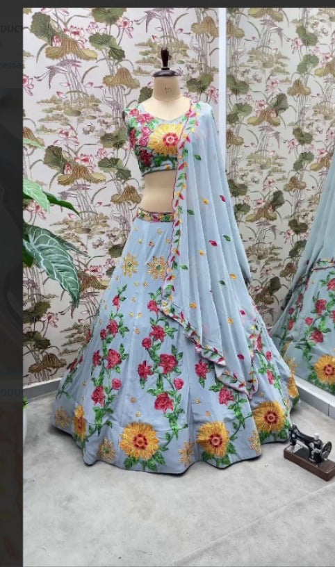 Light Sky Blue Faux Georgette Sequins and Threads Embroidery  Semi Stiched Lehenga Choli