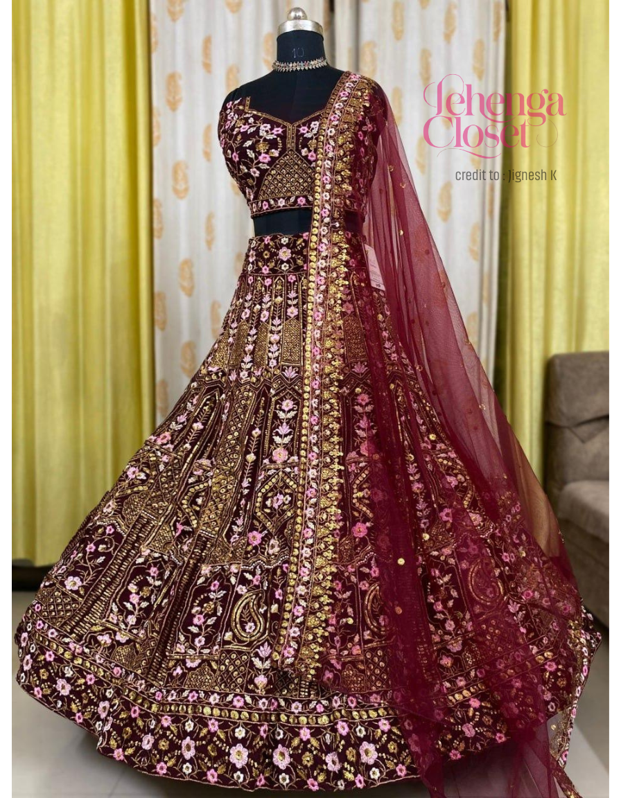 Maroon Georgette Thread & Jari Embroidered Lehenga Choli